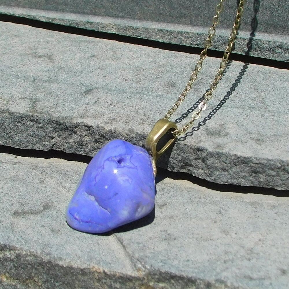 Purple Blue Polished Stone Pendant Necklace on 22 inch Antique Bronze Chain